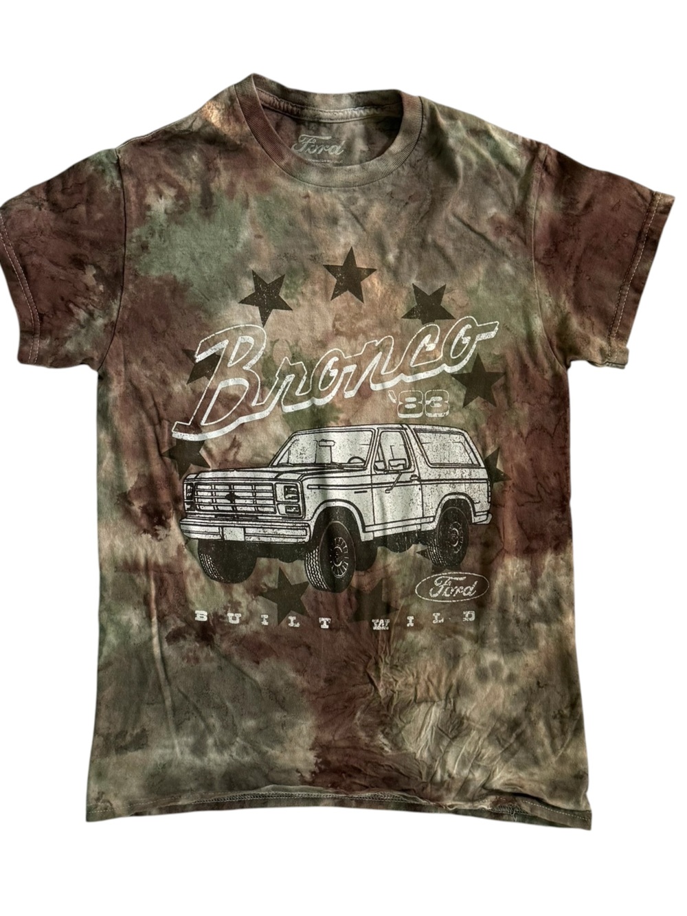 Ford Bronco Tie-Dye Tee Unisex Small Brown & Green Camo Cotton T-Shirt